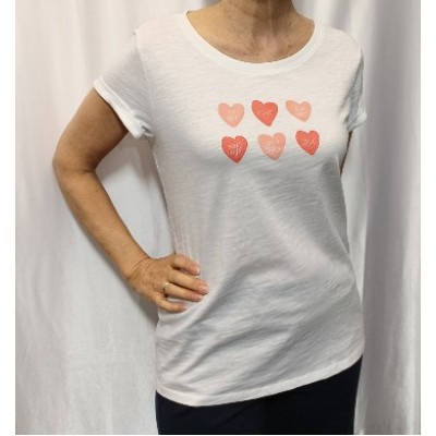 T-Shirt blanc encolure ronde imprimé de cœurs ton de rose